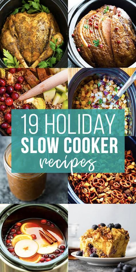 collage image that says 19 holiday slow cooker recipes Crockpot Holiday Meals, Slow Cooker Holiday Recipes, Slow Cooker Christmas, Slow Cooker Sweet Potatoes, Slow Cooker Pumpkin, Thanksgiving Recipe, Slow Cooker Meatballs, Pot Dinners, Crockpot Cooking