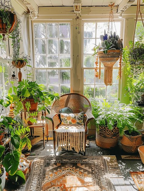 Boho Sunroom Designs: Vintage Finds and Greenery Vintage Sunroom, Entryway Sunroom, Dream Sunroom, Plant Sunroom, Victorian Sunroom, Cozy Sunroom Ideas, Boho Sunroom, Sunroom Decor, Sunroom Office