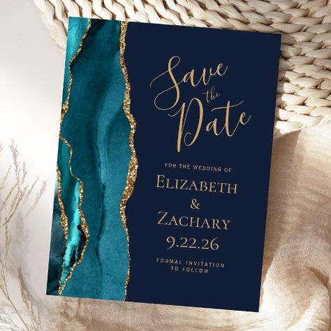 Teal Gold Agate Navy Blue Wedding Save the Date Announcement Postcard Fall Wedding Announcements, Dark Teal Weddings, Deep Purple Wedding, Navy Blue Wedding Theme, Elegant Wedding Themes, Agate Wedding, Unique Save The Dates, Modern Save The Dates, Save The Date Postcard