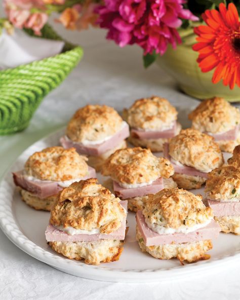 Gruyère Ham Biscuits - Southern Lady Magazine Southern Brunch Menu Ideas, Biscuits Southern, Ham Biscuits, Night Picnic, Lunch Options, Ladies Luncheon, Horseradish Sauce, Southern Lady, Spread Recipes