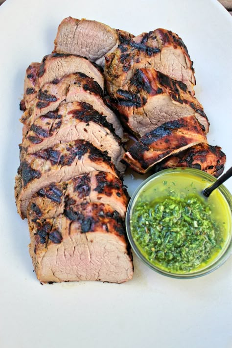 Grilled Citrus Pork Tenderloin with Chimichurri Sauce Marinated Pork Tenderloin, Kathleen Ashmore, Pork Tenderloin Medallions, Marinated Pork Tenderloins, Grilled Pork Tenderloin, Chimichurri Sauce, Marinated Pork, Green Sauce, Easy Comfort Food