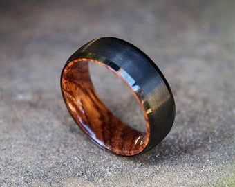 Zirconium Wedding Band Mens Premium Bocote Wood Ring 8mm | Etsy Mens Wood Rings, Koa Wood Ring, Wood Engagement Ring, Wood Inlay Rings, Wood Wedding Ring, Wedding Bands For Him, Wood Wedding Band, Ring Man, Black Tungsten Rings