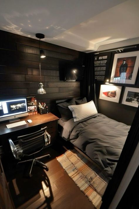 Tiny Aesthetic Bedroom, Mens College Apartment Bedroom, Small Room Design Men, Small Room Ideas For Men, Small Bedroom Ideas For Men, Small Room Setup, Male Bedroom Ideas, Bedroom Ideas For Men, Mens Room Decor