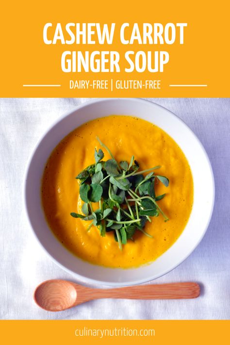 This carrot ginger soup is so bright and golden. If you’re looking for an alternative to dairy, cashews provide the ultimate creaminess when blended into soups. They make this cashew carrot ginger soup so thick and smooth you would never know there isn’t dairy in here. Gluten Free Pasta Meals, Dinner Recipes Healthy Gluten Free, Top Soup Recipes, Healthy Gluten Free Desserts, Healthy Gluten Free Snacks, Cashew Soup, Healthy Gluten Free Dinner, Healthy Gluten Free Dinner Recipes, Tea Infusion Recipes