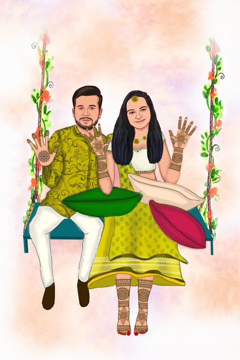 Mehendi Bride Illustration, Mehendi Couple Illustration, Mehndi Caricature, Mehendi Caricature, Mehendi Illustration, Mehndi Template, Mehndi Couple, Mehandi Function, Wedding Cartoon