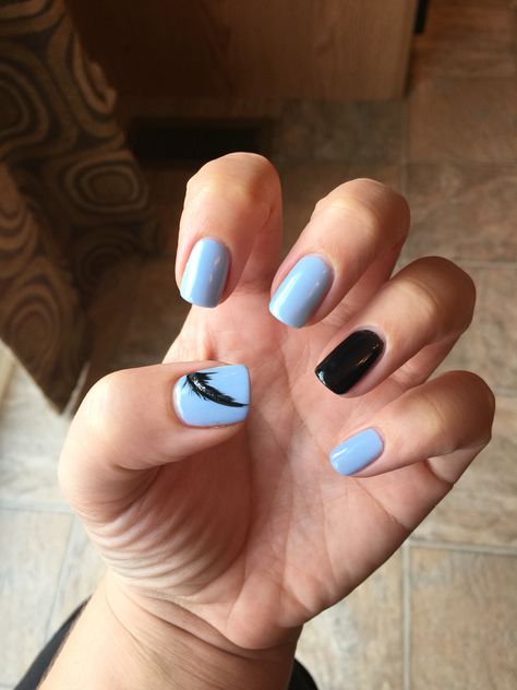 Blue nails, baby blue nails, black nail, feather accent nail, real nails, gel nails Gel Nails With Accent Nail, Black And Baby Blue Nails, Baby Blue And Black Nails, Light Blue And Black Nails, Black And Blue Nails, Black Nails Short, Nails Baby Blue, Pastel Blue Nails, Blue Gel Nails