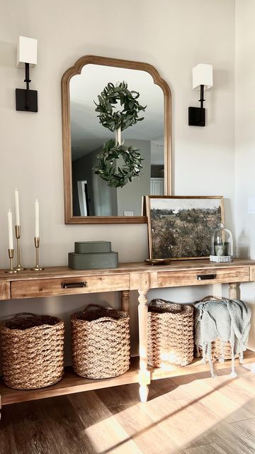 Faith-Anne Leonard on Instagram: "When the morning sunlight hits just right. I love changing this console table up for each season - there are so many textures and soft colors in stores right now. I especially love the soft green colors we’re seeing for spring. ✨ Shop my home! Click on the blue link in my bio. ✨ . . . . . . #makelifebeautiful #studiomcgeetarget #consolestyling #foyerdecor #foyerinspo #prettyart #howtostyle #neutralhomestolove #coastalfarmhouse #moderncoastal #worldmarket #everetttable #bhghome #homeswethome #homedecorinspo #foyerinspo #diyinspiration #homeinteriordesign" World Market Console Table, Green Console Table, 1st House, Farmhouse Console Table, Soft Green Color, Console Styling, Morning Sunlight, Foyer Table, Foyer Decor