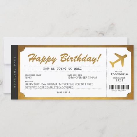 Create your own Flat Card | Zazzle Fake Plane Ticket, Free Printable Gift Certificates, Gold Ticket, Airplane Ticket, Boarding Pass Template, Passport Template, Girlfriend Anniversary Gifts, Teacher Valentine Gifts, Bestie Birthday