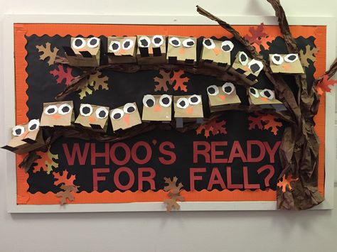 Fall/Owl-themed bulletin board Owl Fall Bulletin Board, Owl Bulletin Board Ideas, Owl Bulletin Boards, Fall Owl, Fall Bulletin Boards, Fall School, Door Decorating, Bulletin Board Ideas, Autumn Decoration