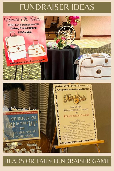 These photos show creative ideas to use in the fun and popular fundraiser game Heads Or Tails. This fundraiser is a variation of the coin toss game Heads Or Tails. It will entertain your guests and help raise additional funds before your live auction. Get more details about this fundraiser game in our blog and video: https://muradauctions.com/live-action-fundraiser-idea-heads-and-tails-game/ https://youtu.be/kU8b5P0lpo0 #fundraisergames #fundraiserideas #fundraisinggames #fundraisingideas Heads And Tails Game, Heads Or Tails Game Fundraiser, Heads Or Tails Game, Poker Drinks, Auction Games, Tricky Tray, Fundraising Games, Heads Or Tails, Coin Toss