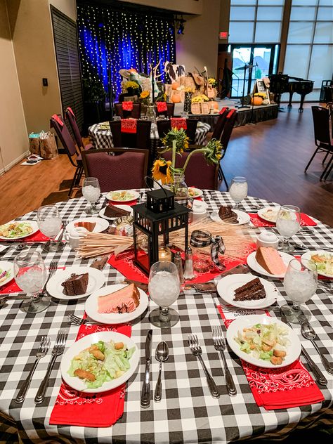 OKLAHOMA/WESTERN THEME BANQUET STAGE AND TABLE DECORATIONS | Dimples and Tangles Western Table Decorations, Oklahoma Musical, Western Table, Dimples And Tangles, Gingham Tablecloth, Western Theme Party, Christmas Western, Door Prizes, Tip Jars