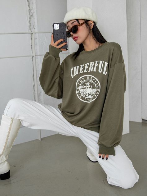 Olive Green Casual  Long Sleeve Polyester Letter Pullovers  Slight Stretch Spring/Fall Women Sweatshirts Olive Green Hoodie, Drop Shoulder Sweatshirt, Hoodie Graphic, Women Sweatshirts, Dropped Shoulder Sweatshirt, Green Hoodie, Crop Top Outfits, Spring And Fall, Drop Shoulder