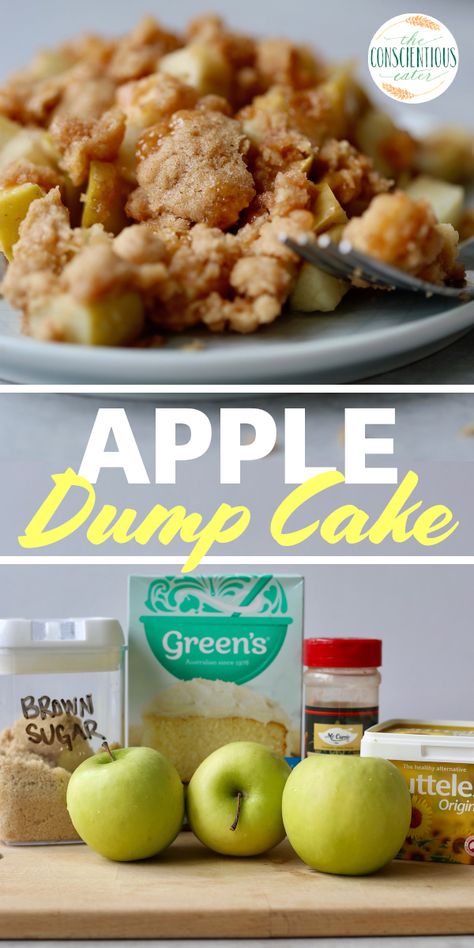 Made with only 5 ingredients--many of which of pantry staples--this simple and delicious vegan Apple Dump Cake will be your go-to recipe whenever you're in need of a quick dessert. #veganappledumpcake #appledumpcake #veganappledesserts #vegan #appledesserts via theconscientiouseater.com Dump Cake With Fresh Apples, Dump Cake Crockpot, Quick Apple Dessert, Apple Dump Cake, Apple Recipes Healthy, Fresh Apple Cake, Apple Recipes Easy, Apple Dump Cakes, Thanksgiving Desserts Easy