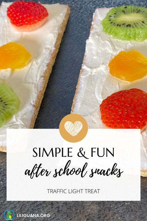 This healthy snack is an easy and tasty option for you and your child to make together. While making these snacks talk to your kids about the lesson Stop & Then Look Out and the importance of being safe while crossing the street. Before crossing the street, always look left, right, then left again to make sure no cars are coming and it is safe to cross. Hold your parent’s or buddy’s hand as you cross the street. Crossing The Street, Fruit Snack, Light Snacks, Traffic Signs, After School Snacks, School Snacks, Fruit Snacks, Traffic Light, Kids Snacks