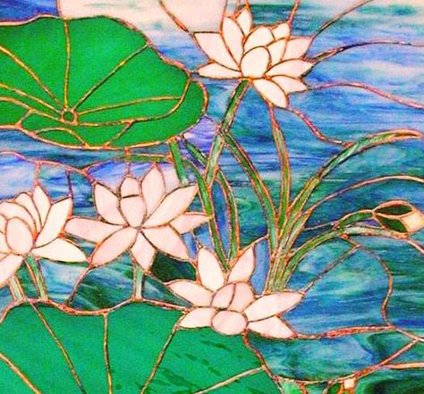 Water lily detail Stained Glass Water Lily, Water Lily Stained Glass Pattern, Stained Glass Water, Sgraffito Designs, Painting On Glass Windows, Easy Mosaic, Stained Glass Door, Mosaic Tile Art, Stained Glass Paint