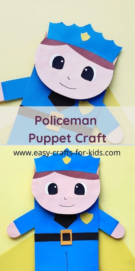 Policeman Craft, Puppet Crafts For Kids, Police Officer Crafts, Fireman Crafts, Contact Paper Crafts, Make A Puppet, Daycare Business, Police Birthday, Construction Paper Crafts