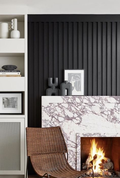 Black Fluted Fireplace Wall, Black Wood Slat Fireplace, Fluted Wood Panel Fireplace, Black Slat Wall Fireplace, Quartz Fireplace Hearth, Black Fluted Fireplace, 2023 Fireplace Ideas, Panel Fireplace Wall, Wood Slat Fireplace Wall