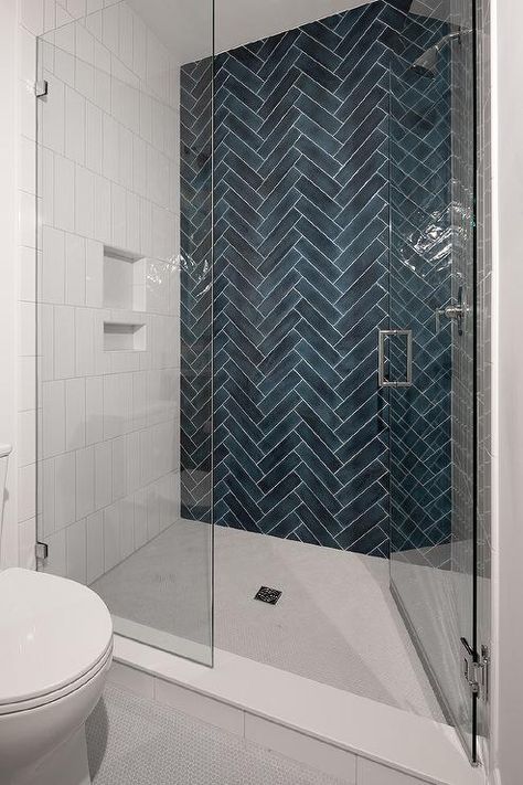 Walk In Shower with Blue Herringbone Tiled Accent Wall - Transitional - Bathroom Blue Herringbone Tile Bathroom, Tiled Accent Wall, Blue Herringbone Tile, White Shower Tile, Blue Shower Tile, Tile Walk In Shower, Tile Accent Wall, Blue Bathroom Tile, Blue Accent Walls