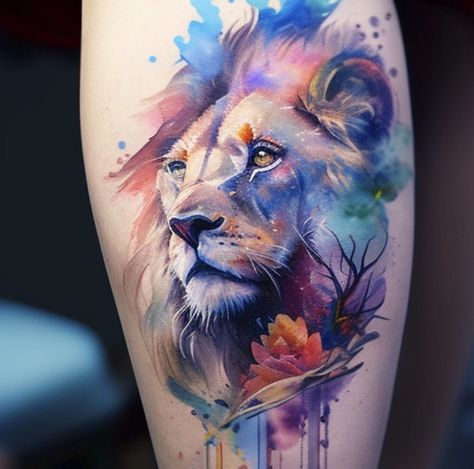 Tattoo Lion Women, Colorful Lion Tattoo, Watercolour Tattoo Men, Tattoo Lion, Kunst Tattoos, Upper Arm Tattoos, Roaring Lion, Small Girl Tattoos, Tattoo Girls