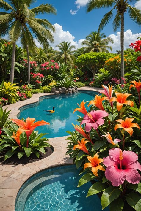 Landscape Ideas Beach, Pool Backyard Landscape, Tropical Pool Landscaping Ideas, Pool Garden Ideas, Backyard Garden Design Ideas, Pool Tropical, Luxury Pools Backyard, Eagle Decor, Landscape Backyard