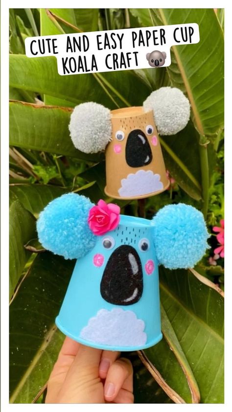 Cute and easy paper cup koala craft for kids! 🐨💕 in 2022 | Koala craft, Preschool arts and crafts, Babysitting crafts Koala Craft For Kids, Koala Crafts, Australia For Kids, Koala Craft, Australia Crafts, Paper Cup Crafts, Babysitting Crafts, Australian Outback, Hand Crafts For Kids