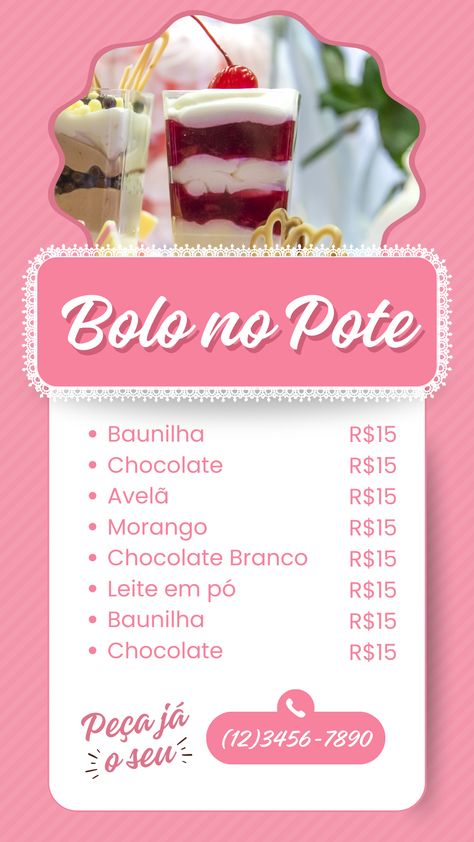 Clique aqui e baixe este modelo editável de cardápio de bolo no pote. #bolonopote#doces#rendaextra#vendaonline#cardapio#bolo#cardapiodoces#instagram#storys#status#instagram#storycriativo Instagram Story, Marketing, Pins, Instagram