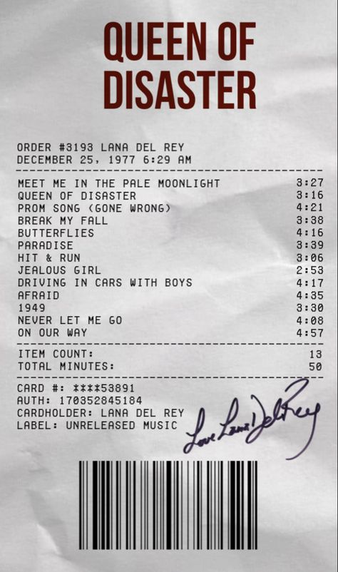 Lana Del Rey Album List, How To Be Lana Del Rey Aesthetic, Lana Del Rey Album Receipt, Receipt Lana Del Rey, Lana Del Rey Unreleased Songs, Lana Del Rey Receipt, Lana Del Rey Album Aesthetic, Lana Del Rey Writing, Prom Song Lana Del Rey