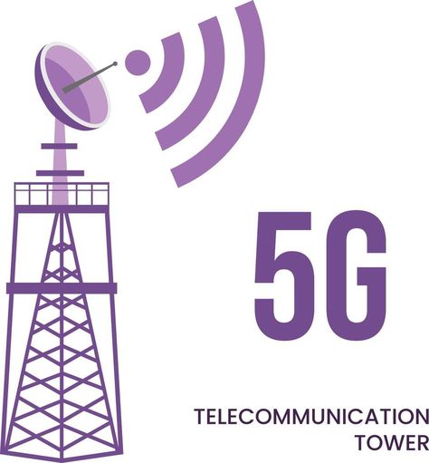 5g network technology and telecommunication tower signal. Colored flat graphic vector illustration isolated on white background. Vector Doodle, Network Technology, Background Background, Background White, Flat Color, White Background, Vector Free, Vector Illustration, Tower