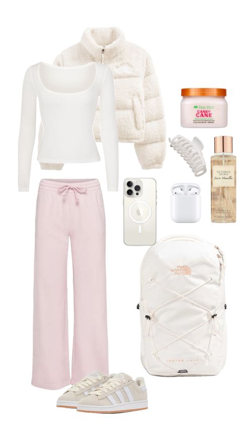 #girl#girlie#outfit#inspo#pink#white#comfy#school#it#itgirl Vanilla Girl Outfits, Outfit Inspo Pink, Pink Coquette Aesthetic, Taylor Christmas, Pink Suitcase, Kawaii Summer, Pink Sweats, Mexico Trip, Ideas De Outfits