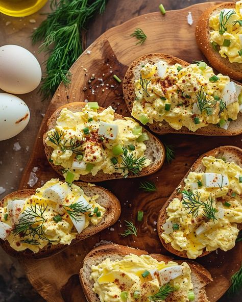 Just whipped up these delightful Herbed Egg Salad Crostini's! Perfect for your next gathering or a fancy brunch at home. Visit website for full recipe at https://northeastnosh.com/f/herbed-egg-salad-crostinis #northeastnosh #appetizers #eggsalad #crostini #partyfood #brunchrecipes #brunchideas #healthyappetizers #homecooking #recipes #comfortfood Breakfast Crostini Recipes, Egg Salad Crostini, Unique Egg Salad Recipe, Crispy Feta Egg, Magical Egg Salad, Dessert Pasta, Fancy Salads, Chicken Egg Rolls, Creamy Mushroom Sauce