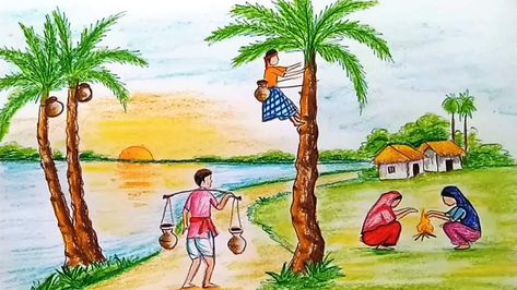 Kids Drawings Easy, Winter Bangladesh, Winter Season Drawing, Drawing Village, Subject Drawing, Figures Drawing, Scenery Drawing For Kids, Easy Scenery, Winter Drawing