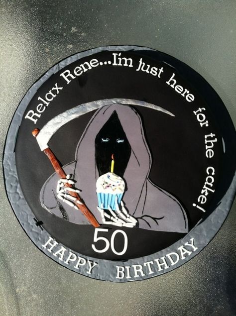 Grim Reaper 50Th Birthday Cake Grim Reaper Over the Hill Cake "I'm just hear for the cake"! Everything made with fondant.... Funny 50th Birthday Cakes, Over The Hill Cakes, Birthday Sayings, Birthday Cake For Mom, Moms 50th Birthday, Dad Birthday Cakes, 50th Cake, Adult Birthday Cakes, Funny Birthday Cakes