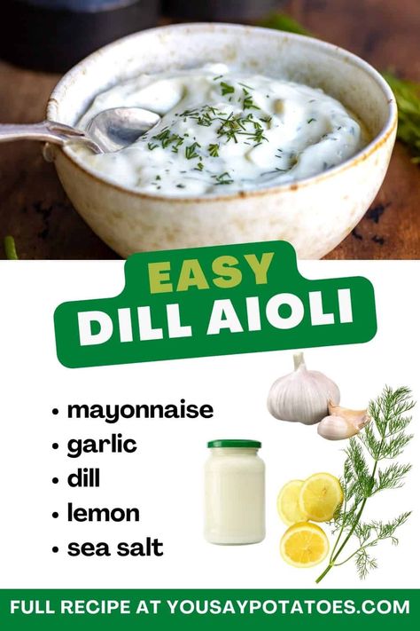 Dill Aioli with lemon and garlic comes together in minutes and adds a huge flavor. It's great for everyday meals - serve it on salmon, with fries, in sandwiches and wraps, or use it as a topping on burgers or chicken breasts. The possibilities are endless! Dill Sauce For Sandwiches, Aoli Sauce For Chicken Sandwich, Dill Aioli Recipe, Sauce For Grilled Salmon, Aoili Recipe, Dill Aioli, Sandwiches Chicken, Sandwiches And Wraps, Homemade Aioli