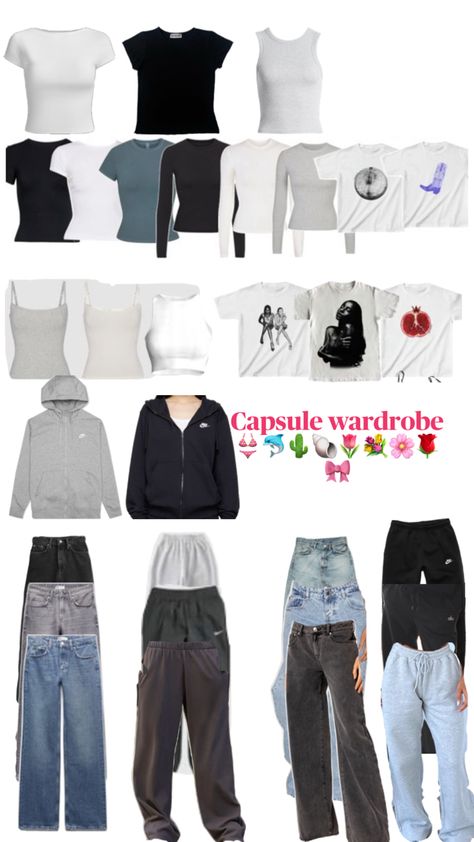 Here’s your essentials for this school year you can pear multiple basic tees and tanks with the sweats and the jeans you can make about 15-30 different outfits with this wardrobe enjoy :) Basic Clothes Essentials, School Edition, Basic Wardrobe Essentials, Camping Outfits, The Jeans, Wardrobe Basics, Different Outfits, Clothing Essentials, Back To School Outfits