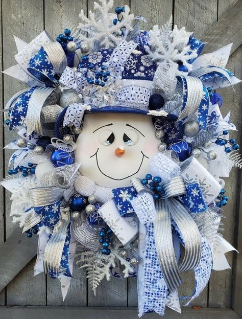 Blue Silver White Wreath, Blue And White Christmas Wreath, Mailbox Toppers, Front Door Blue, Blue Christmas Wreath, Snowman Wreaths, Diy Christmas Candy, Large Christmas Wreath, Blue Snowman