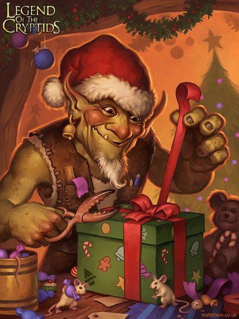 Artist: Matt Dixon - Title: Christmas Winter Goblin - Card: Christmas Winter Goblin Matt Dixon Art, Christmas Fantasy Art, Goblin Town, Sick Artwork, Dnd Christmas, Legend Of Cryptids, Gang Road, Matt Dixon, Galaxy Saga