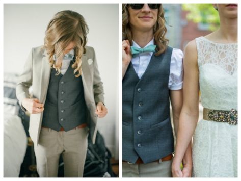 4 Outfits to Get Married In That Aren't White Wedding Dresses | Autostraddle Lesbian Wedding Outfits Suits Style, Tomboy Wedding Outfit, Nonbinary Wedding Outfit, Lgbt Wedding Attire, Dapper Bride, Expensive Party, Lesbian Wedding Outfits, Summer Cocktail Attire, Traditional White Wedding