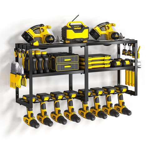 PRICES MAY VARY. Spacious Three Tier Design: Our wall mounted power tool storage rack boasts a generous three-tier structure. The bottom tier can hold up to 8 cordless drills, while the top two shelves are perfect for storing heavy-duty tools and a variety of smaller items. Additionally, the sides feature specialized racks for hammers and pliers, along with 6 hooks to enhance storage versatility Sturdy Frame Construction: This power tool stand features a unique day frame design that ensures maxi Dewalt Storage, Power Tool Organizer, Garage Workshop Organization, Power Tool Storage, Drill Holder, Tool Room, Tool Stand, Tool Box Storage, Tool Rack