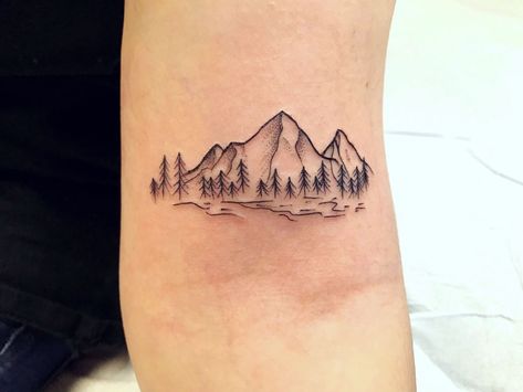 Mountain Tattoo Above Elbow, Mountain Tattoo With Trees Simple, Mountain With River Tattoo, Women Mountain Tattoo, Mountain Tattoo With Trees, Inside Of Elbow Tattoo, Mountain Tattoo With Flowers, Floral Mountain Tattoo, Above The Elbow Tattoo Women