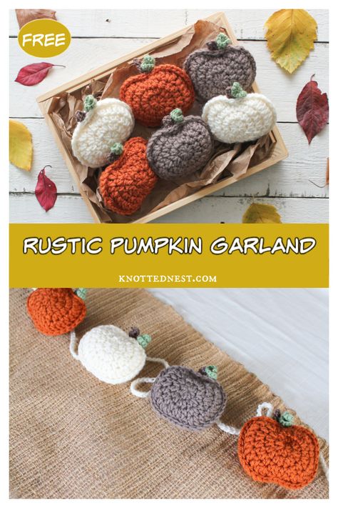 Rustic Pumpkin Garland Free Crochet Pattern Rustic Pumpkin Garland Crochet Pattern, Crochet Pumpkin Garland Free Pattern, Fall Banners Ideas Diy, Crochet Garlands, Crocheted Pumpkins, Crochet Fall Decor, Crochet Decorations, Boho Decorations, Thanksgiving Crochet