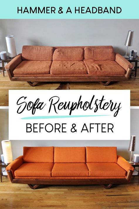 If you have a vintage mid-century modern sofa, it's probably about time for a reupholstery job. By now the couch fabric has faded, stretched and pilled, and the foam cushions are crumbling to pieces, but your couch can be rescued. Click to find out what to expect if you get your sofa reupholstered, how the upholstery process went for me, and a Q&A with a Portland upholster. #midcenturymodern #upholstery Couch Redo Diy, Upholster Couch Diy, How To Reapolstering Couch Diy, Sofa Refurbish Ideas, Diy Upholstered Couch, Couch Reupholster Ideas, Diy Couch Reupholster, Reupholster Couch Diy Step By Step, How To Upholster A Sofa