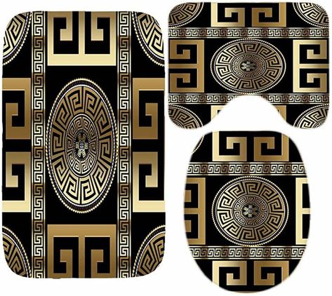 Amazon.com: ZGDPBYF 3 Piece Bath Mats Geometric Black Gold Greek Key Meander Waterproof Non Slip Bath Mat Set, Washable Rug for Bathroom 3-Piece Set : Home & Kitchen Leopard Bathroom, Luxury Shower Curtain, Gold Shower Curtain, Black And Gold Bathroom, Geometric Shower Curtain, Bathroom Shower Curtain Sets, Gold Shower, Carpet Decor, Luxury Shower