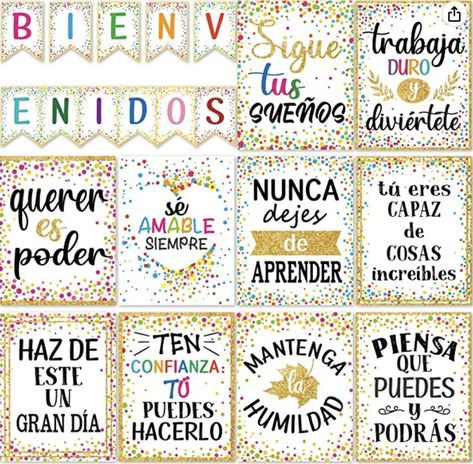 Includes 21 pieces confetti Spanish inspirational posters-11 letters of B-I-E-N-V-E-N-I-D-O-S,10 pieces Spanish motivational quote posters.Each posters features different Inspirational sentence which can encourage students grow a good mindset and let them build self-confidence. They are all perfect for Spanish classroom decoration needs or homeschooling needs. #bilingualbulletinboards #decoracionesbilingues #salonbilingue #duallanguage #spanishclassroom #classroomdecor Spanish Class Bulletin Board Ideas, Spanish Class Door Decorations, Spanish Posters For Classroom, Spanish Word Wall Classroom, Spanish Classroom Bulletin Boards, Spanish Classroom Quotes, Language Classroom Decor, Classroom Posters Elementary, Spanish Classroom Posters