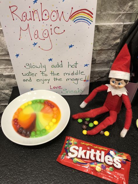 Elf on the Shelf- Rainbow magic with Skittles Elf On A Shelf Rainbow Skittles, Skittle Elf On The Shelf, Elf Ideas With Skittles, Elf On Shelf Skittles Magic, Elf On The Shelf Skittles Rainbow, Elf On The Shelf With M&ms, Elf On The Shelf Rainbow, Elf On The Shelf Ideas Skittles, Skittles Elf On The Shelf