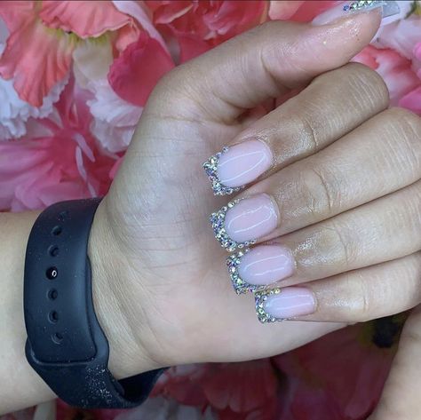 Diamonds On Short Nails, Bling Nails Short, Short Rhinestone Nails, Bad And Boujee Nails Short, Short Bling Acrylic Nails, Short Bling Nails, Baddie Short Acrylic Nails, Cc Nails, Birthday 17