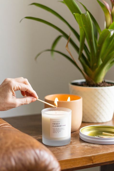 Poured by hand in Austin, Texas featuring only 100% pure essential oils and all-natural soy wax. Candle Shoot, Candle Photography Ideas, Candle Photoshoot, Coffee Table Candles, Table Candles, Summer Candle, Candle Photography, Shooting Ideas, How To Make Decorations