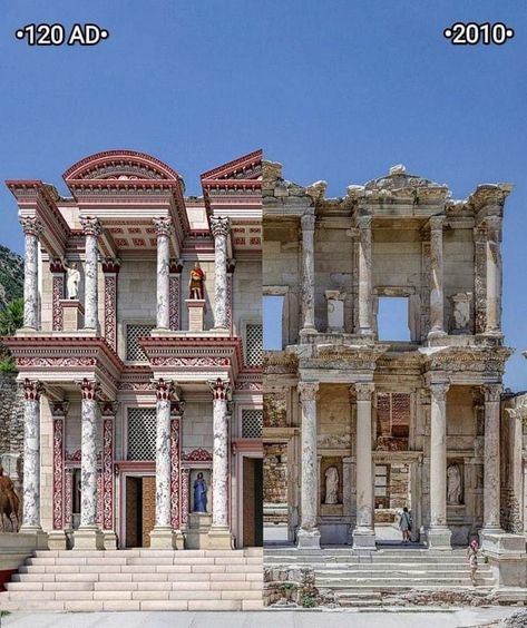 Comparison of the Celsus Library in the Ancient City of Ephesus, built by his son Gaius Julius Aquila in honor of Gaius Julius Celsus Plemaeanus in AD 117, AD 120 and its current state. #CelsusLibrary #Celsus #Library #ancientcity #Ephesus #GaiusJuliusAquila #archeology #architecture #architect #ancient #history #historical Ephesus Ancient City, Asia Continent, Paul The Apostle, Ancient City, Living History, Ancient Rome, Ancient Cities, Roman Empire, Archaeology