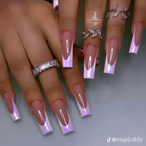 Long Baddie Nail Designs, Medium Tapered Square Nails Designs, Chrome French Tip Nails Coffin, Unicorn Chrome, Purple Chrome Nails, Astoria New York, Graduation Nails, Diy Acrylic Nails, Colored Acrylic