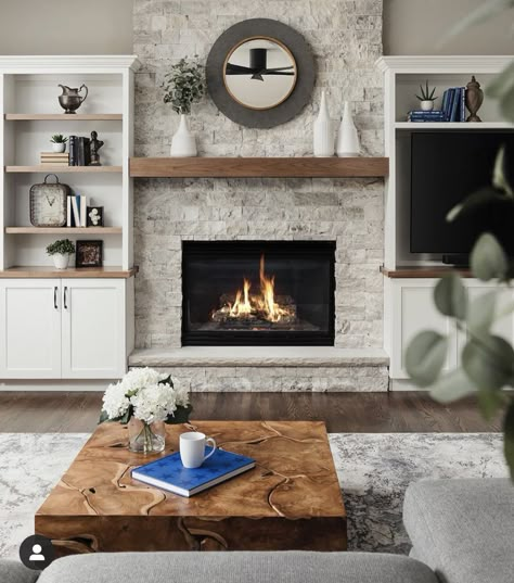 Fireplace With Built Ins And Tv On Side, Fireplace With Book Shelves, Fireplace Without Built Ins, Gas Fireplace Living Room, Fireplace With Bookshelves On Each Side, Traditional Fireplace Ideas, Neutral Fireplace, Fireplace Ideas Living Room, Fireplace Built Ins Diy