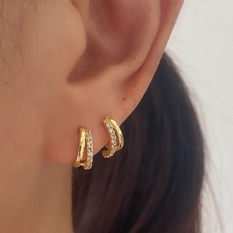 Gold Double Huggie Hoop Earrings, 18k gold plated Small Huggie, Minimalist Huggie Hoop Earrings, Gold Earrings, Gift for Her by AnettJewellery on Etsy Double Hoop Earring, Small Earrings Gold, Petite Earrings, Small Gold Hoop Earrings, Double Hoop Earrings, Hoop Earrings Gold, Minimalist Gifts, Earring Cards, Sterling Silver Hoop Earrings